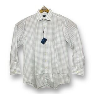 Coppley Mens White w/ Blue & Brown Check L/S Cotton Btn Down w/ Pocket Size 17L